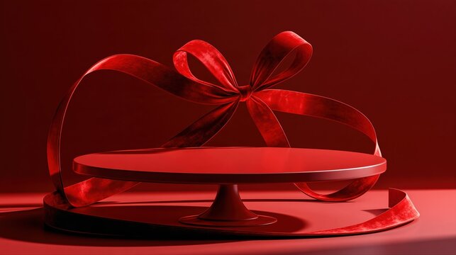 A glossy red pedestal stands against a bold red monochrome background. A sculptural velvet ribbon forms a dramatic bow, highlighting the luxury product display area.