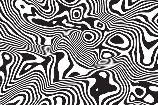 Abstract black and white background with liquify lines effect. Vibrant monochrome liquid wavy motion template. Hypnotic twirling fluid dynamic print with fusion ripple ornament. Vector illustration.
