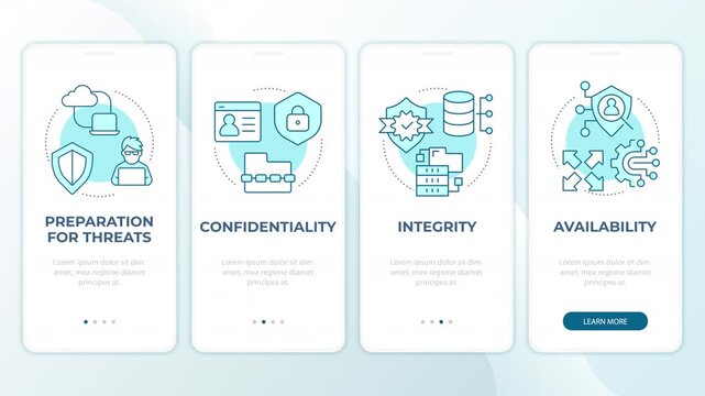 Core information security pillars animated mobile app onboarding. Fundamental cybersecurity framework. Welcome screen UI. Carousel walkthrough animation with blue monochrome concept icons