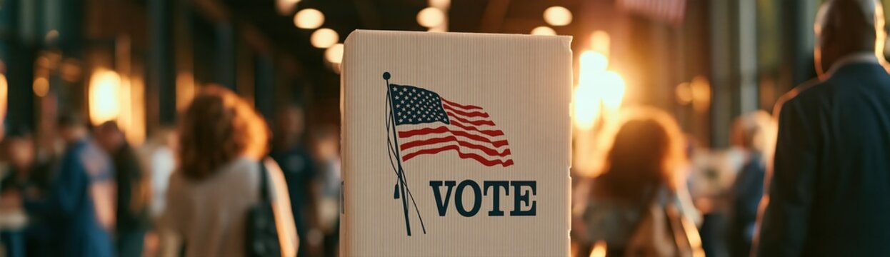 A photorealistic image of a polling place with a voting station marker and US flag in sharp focus. Blurred voters move through a warmly lit American community election scene.
