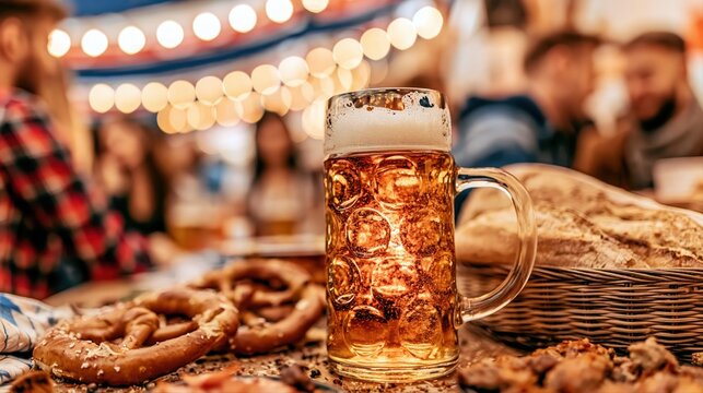 A glowing amber beer stein sits center stage on a festive beer-hall table, surrounded by pretzels and snacks. Warm lights and friends create a lively, premium hospitality vibe.