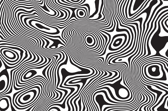 Abstract black and white background with liquify lines effect. Groovy monochrome liquid motion with wavy form print. Twirling fluid dynamic flow with zebra ornament illusion. Vector illustration.