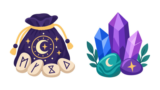 Mystical rune stones and crystals with moon and star symbols