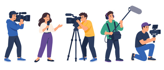 Film crew filming with cameras and a boom microphone © Artstock
