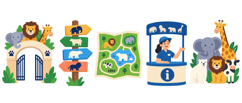Cartoon zoo entrance with animal signs map and information booth
