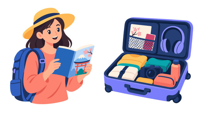 Woman reading a travel guide beside an open suitcase