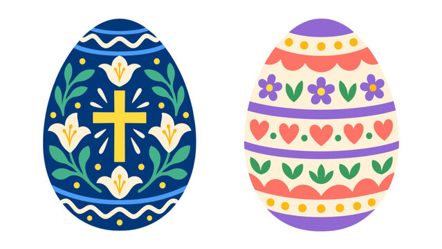 Decorated Easter eggs with a floral cross and heart patterns