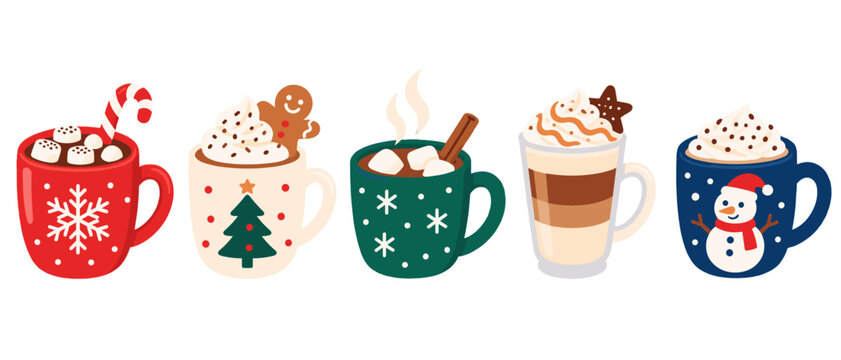 Set of Christmas mugs filled with hot chocolate and festive toppings