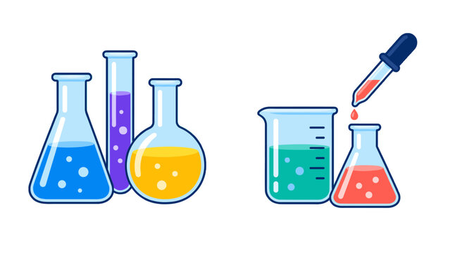 Laboratory glassware with a dropper adding colorful liquid