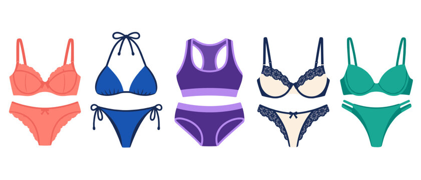 Set of colorful women's lingerie with bras and panties