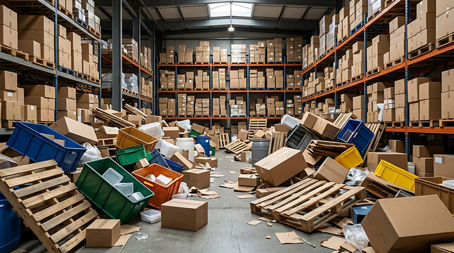 Messy warehouse interior with scattered cardboard boxes, plastic crates, and wooden pallets