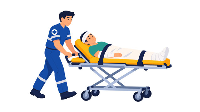 Paramedic pushing an injured patient on a wheeled stretcher