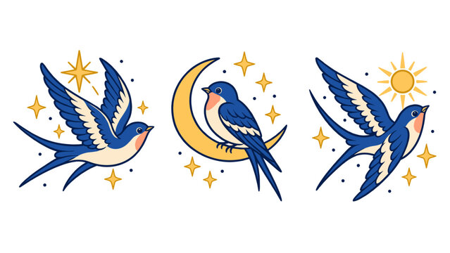 Blue swallows flying with one perched on a crescent moon