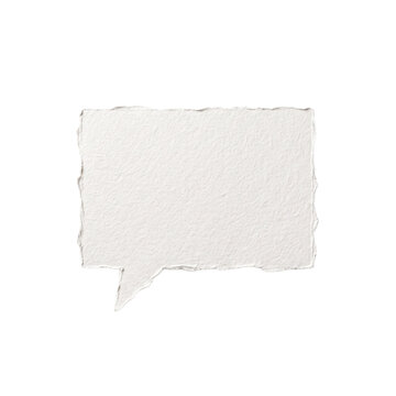 Blank white textured paper speech bubble with torn edges on a clean white background, ready for text or message.