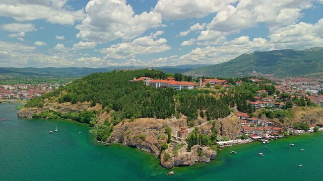 Aerial View of Ohrid Peninsula and Lake Ohrid Surrounded by Mountains