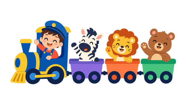 Smiling child drives a toy train with animal passengers