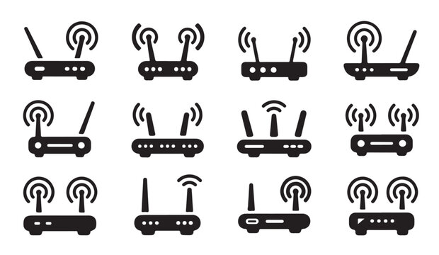 Black wireless router icons set on checkered background representing diverse wifi internet modem designs.