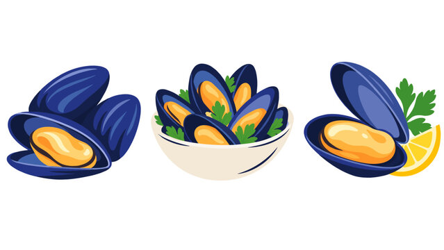Mussels in open shells and a bowl with lemon garnish