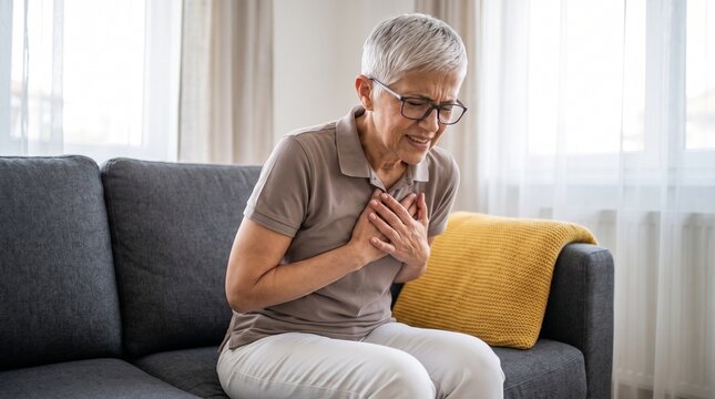 An elderly woman experiencing chest pain while sitting on a sofa in her living room.