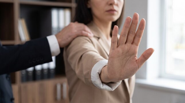 A woman in a professional setting uses her hand to stop unwanted touching from a man, symbolizing workplace harassment and boundaries.