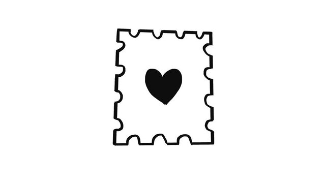 Postage stamp heart hand drawn animation, animated mail letter envelope motion loop, romantic love message postcard sketch video design, perforated edge border
