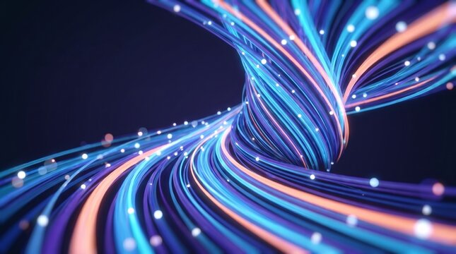 A dynamic abstract image featuring a swirling vortex of glowing blue, purple, and orange light trails with sparkling particles, symbolizing data flow and technology.