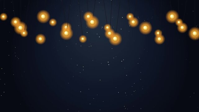 Warm yellow glowing light bulbs against a dark blue starry night sky creating a festive decorative ba