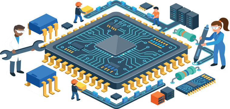 Microchip hardware engineering and semiconductor repair with tiny technician team isometric vector illustration