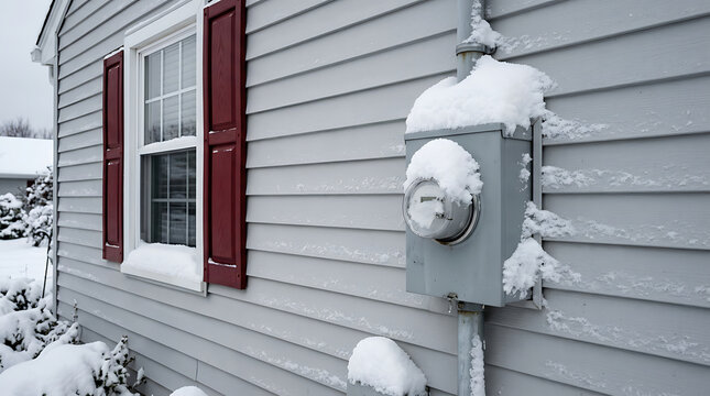 Galvanized steel electric utility meter on a residential house siding covered in heavy winter snow