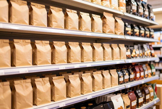 Sustainable packaging and retail supply chain, brown paper bags on supermarket shelves for eco friendly grocery shopping and zero waste consumerism