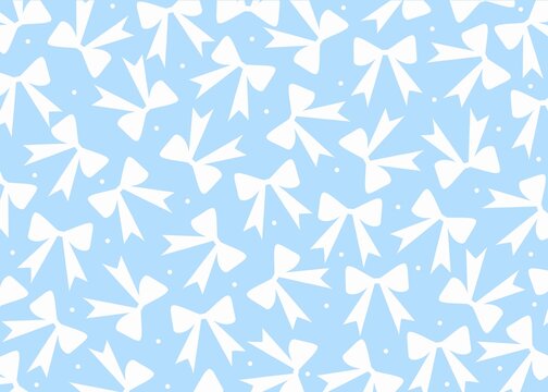 Coquette Aesthetic Seamless Pattern with White Ribbon Bows on Soft Pastel Blue Background or Cute Baby Boy Nursery Blue Wallpaper Design Featuring Scattered Flat Bow Knots and Polka Dots