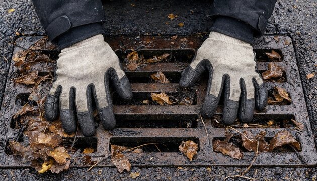 A pair of gloved hands clearing wet autumn leaves from a storm drain on an asphalt street
