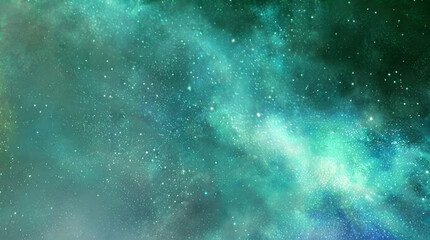 A luminous teal and emerald nebula shimmers with countless bright stars drifting through an enchanting deep space cloud © MaximArt