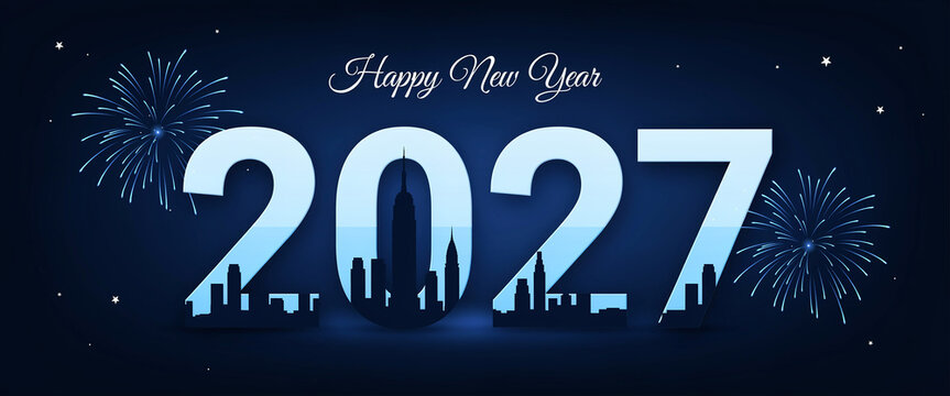 New year celebration with fireworks and skyline in night sky with copy space