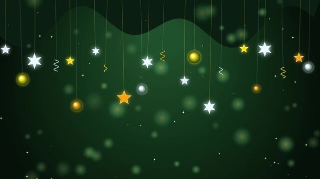 Animated festive background with glowing gold silver stars spheres ribbons bokeh lights great for hol