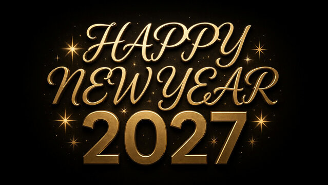 Happy new year 2027 celebration with glowing text and stars in black background