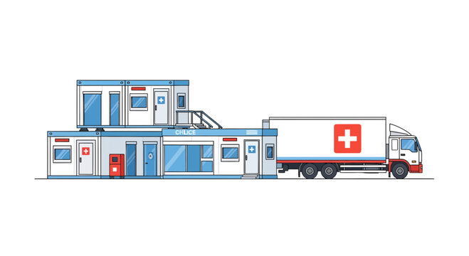Mobile Medical Clinic and Modular Field Hospital Illustration with Delivery Truck for Disaster Relief and Emergency Healthcare Services