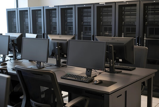Cybersecurity and data center infrastructure, network monitoring station with computer workstations in a server room for information technology management