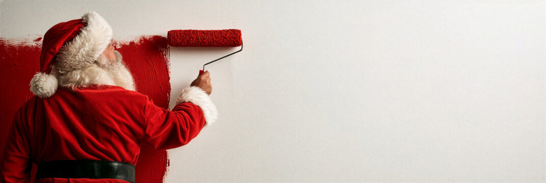 Santa claus carefully rolling red paint onto a wall in a bright studio setting