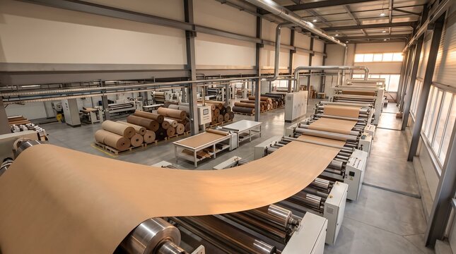 Industrial paper production machine rolling continuous sheets of cardboard inside a factory with manufacturing industrial production cardboard