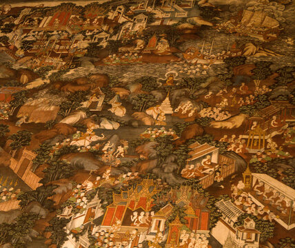 Authentic historic Thai fresco illustrating Buddhist scenes on the interior wall of the Reclining Buddha Vihara at Wat Pho temple in Bangkok, Thailand.