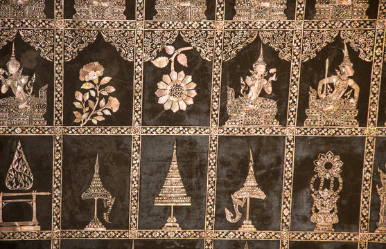 Exquisite mother-of-pearl inlay ornaments and Buddhist symbols on the soles of the Reclining Buddha's feet at Wat Pho temple, Bangkok, Thailand