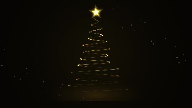Golden glowing particle spiral Christmas tree with shining star on dark background for Merry Christmas greeting cards, Happy New Year celebration intros, holiday party invitations