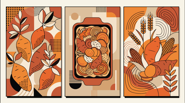 Abstract vector illustration set featuring sweet potatoes, harvest crops, and decorative geometric shapes in orange tones