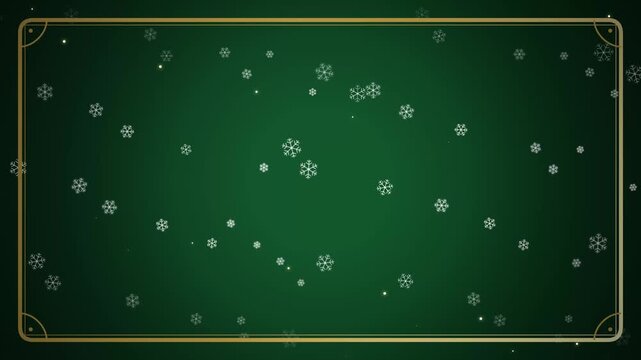 Falling snowflakes inside a gold border frame over a dark green background, 4K 60fps animation, fit for Christmas digital greeting cards, holiday menu displays, and festive social media.