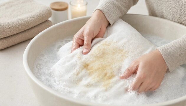 Person washing a stained white garment in a soapy bowl of water