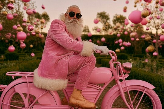 Santa claus on a pink bicycle riding beneath trees hung with pink ornament balls