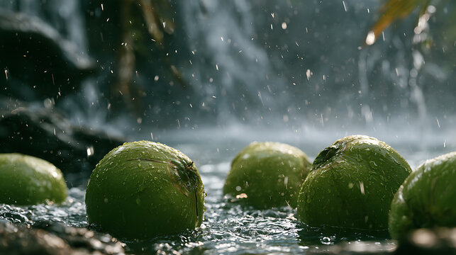 A green coconut floating near a tropical waterfall pool