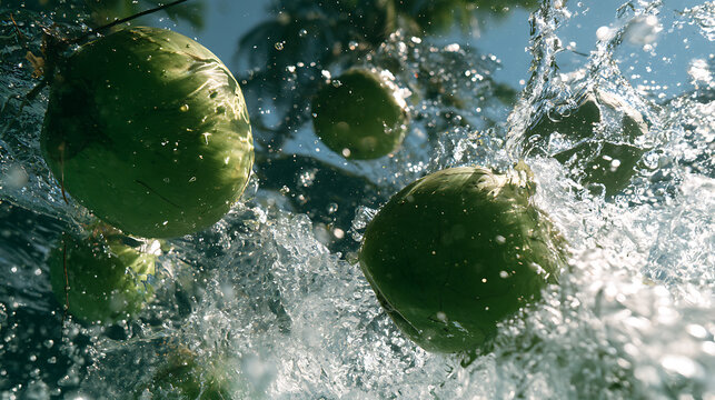 A green coconut fell into the rushing current