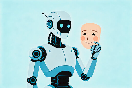 A humanoid robot holds a smiling human face mask, illustrating themes of AI, emotion, and human-robot interaction in a flat vector style.